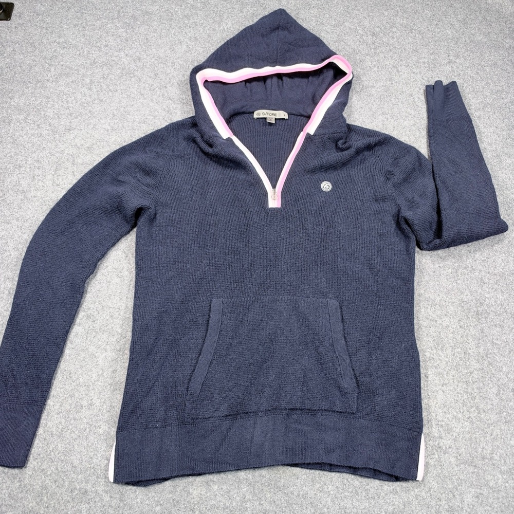 G/FORE Blue Quarter Zip Knit Sweater Hoodie Pink Trim Side Zips Womens Large